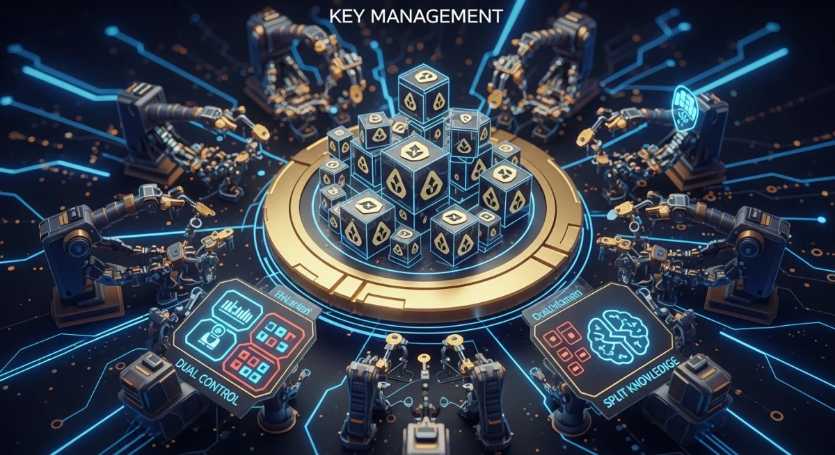 HSM - trái tim của quản lý khóa an toàn, nơi công nghệ tiên tiến và các quy trình bảo mật chặt chẽ cùng nhau bảo vệ dữ liệu. Minh họa này cho thấy cách các thuật toán phức tạp và cơ chế kiểm soát kép đảm bảo sự an toàn tuyệt đối cho các khóa mã hóa quan trọng.