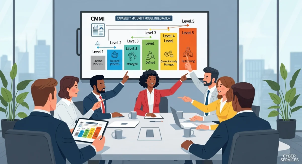 Cuộc họp sôi nổi thảo luận về các cấp độ trưởng thành theo CMMI, minh họa rõ nét hành trình nâng cao năng lực quản trị của tổ chức.