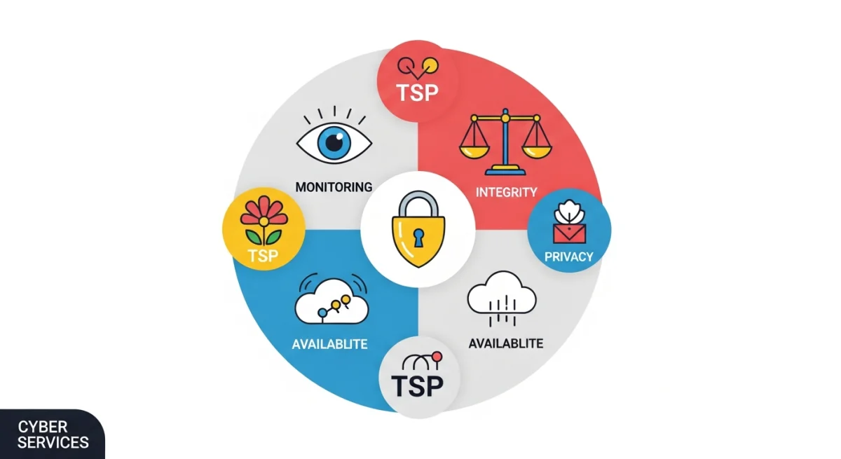 Nguyên tắc Dịch vụ Tin cậy (TSP) được minh họa qua các biểu tượng trực quan, thể hiện sự giám sát, tính toàn vẹn, bảo mật, khả dụng và quyền riêng tư, tạo nên một bức tranh tổng thể về dịch vụ Cyber Services thân thiện và dễ hiểu.