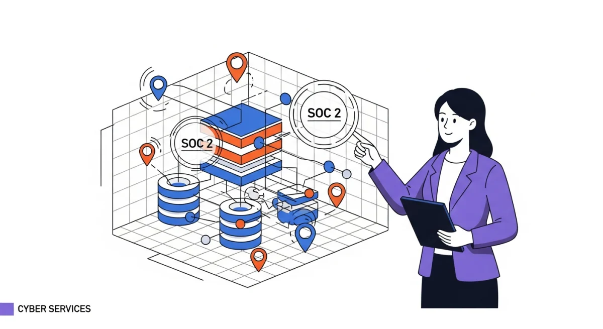 Chuyên gia tư vấn phân tích mô hình dữ liệu phức tạp, minh họa quy trình kiểm toán và chứng nhận SOC 2. Dịch vụ an ninh mạng (Cyber Services) - nền tảng cho sự tin cậy và bảo mật.