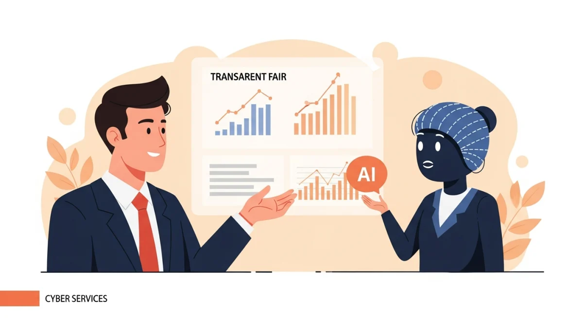 Doanh nhân và trí tuệ nhân tạo hợp tác, mang đến sự minh bạch và tin cậy trong mọi giao dịch. Cyber Services.