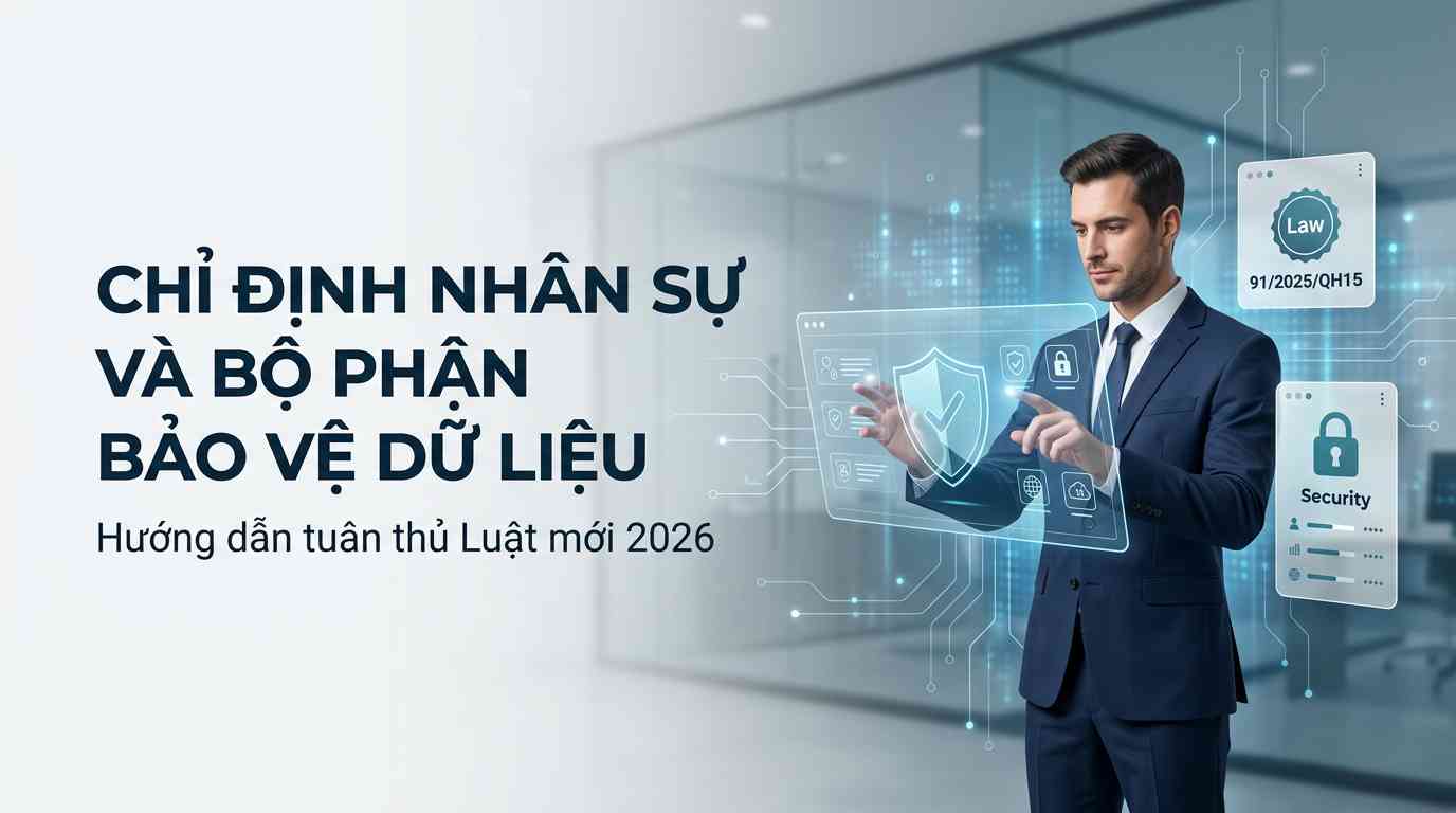 Create a premium Vietnamese editorial article illustration for the topic: "CHỈ ĐỊNH NHÂN SỰ VÀ BỘ PHẬN BẢO VỆ DỮ LIỆU". Layout: 16:9 wide horizontal editorial banner with a clean, professional composition. Background: A minimalist, high-end corporate office with soft-focus glass walls and subtle blue digital data patterns. Main visual: A professional Data Protection Officer (DPO) in a modern suit, standing on the right side of the frame, interacting with a sleek, translucent digital interface showing a data shield and compliance icons. Info boxes: Two small, semi-transparent floating UI cards on the right, one featuring a "Law 91/2025/QH15" badge and another with a "Security" icon. Headline placement: Left-aligned in the upper-left quadrant, using bold, modern sans-serif typography for "CHỈ ĐỊNH NHÂN SỰ VÀ BỘ PHẬN BẢO VỆ DỮ LIỆU". Supporting line: A smaller, elegant subtitle below the headline reading "Hướng dẫn tuân thủ Luật mới 2026". Graphics: Subtle vector circuit lines and glowing data nodes connecting the visual elements. Color palette: Deep navy, professional teal, slate gray, and bright white for a trustworthy look. Mood: Authoritative, secure, modern, and premium. Composition rules: Rule of thirds, significant negative space on the left for readability, shallow depth of field to emphasize the main visual.