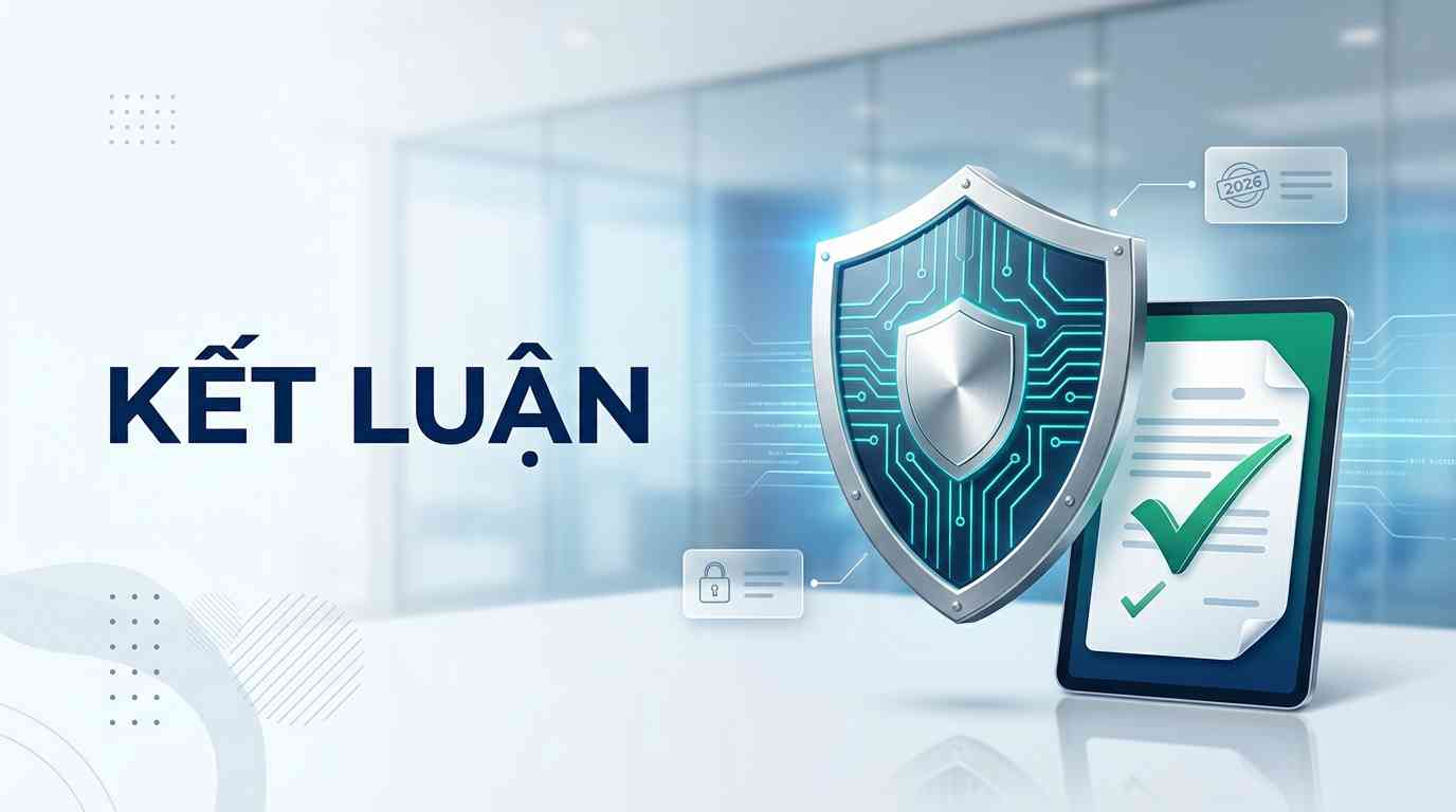 Create a premium Vietnamese editorial article illustration for the topic: "KẾT LUẬN".
Layout: Wide horizontal 16:9 aspect ratio, clean editorial thumbnail composition.
Background: A minimalist, high-end corporate environment with soft-focus glass partitions and subtle blue light leaks. The atmosphere is bright, airy, and professional.
Main Visual: A sophisticated 3D metallic shield icon with glowing cyan circuitry lines, representing advanced data protection. Beside the shield, a sleek digital tablet displays a stylized document with a prominent, elegant green checkmark, symbolizing successful legal compliance and the finality of the conclusion.
Headline Placement and Typography: The headline "KẾT LUẬN" is positioned on the left-aligned upper third, using a bold, modern, and clean sans-serif typeface in deep navy blue.
Info Boxes: One or two small, translucent floating info boxes with thin connecting lines, featuring subtle icons of a lock and a "2026" stamp to reference the new law.
Supporting Graphics: Subtle vector-style geometric patterns and faint data stream lines flowing horizontally in the background to create a sense of the digital era.
Color Palette: A professional blend of corporate navy blue, emerald green for safety, crisp white, and brushed silver accents.
Mood: Trustworthy, authoritative, secure, and modern.
Composition Rules: Adherence to the rule of thirds with the main visual on the right and the headline on the left, utilizing generous negative space to maintain a clean, premium editorial aesthetic. Sharp focus on the foreground elements with a soft, professional bokeh effect on the background.