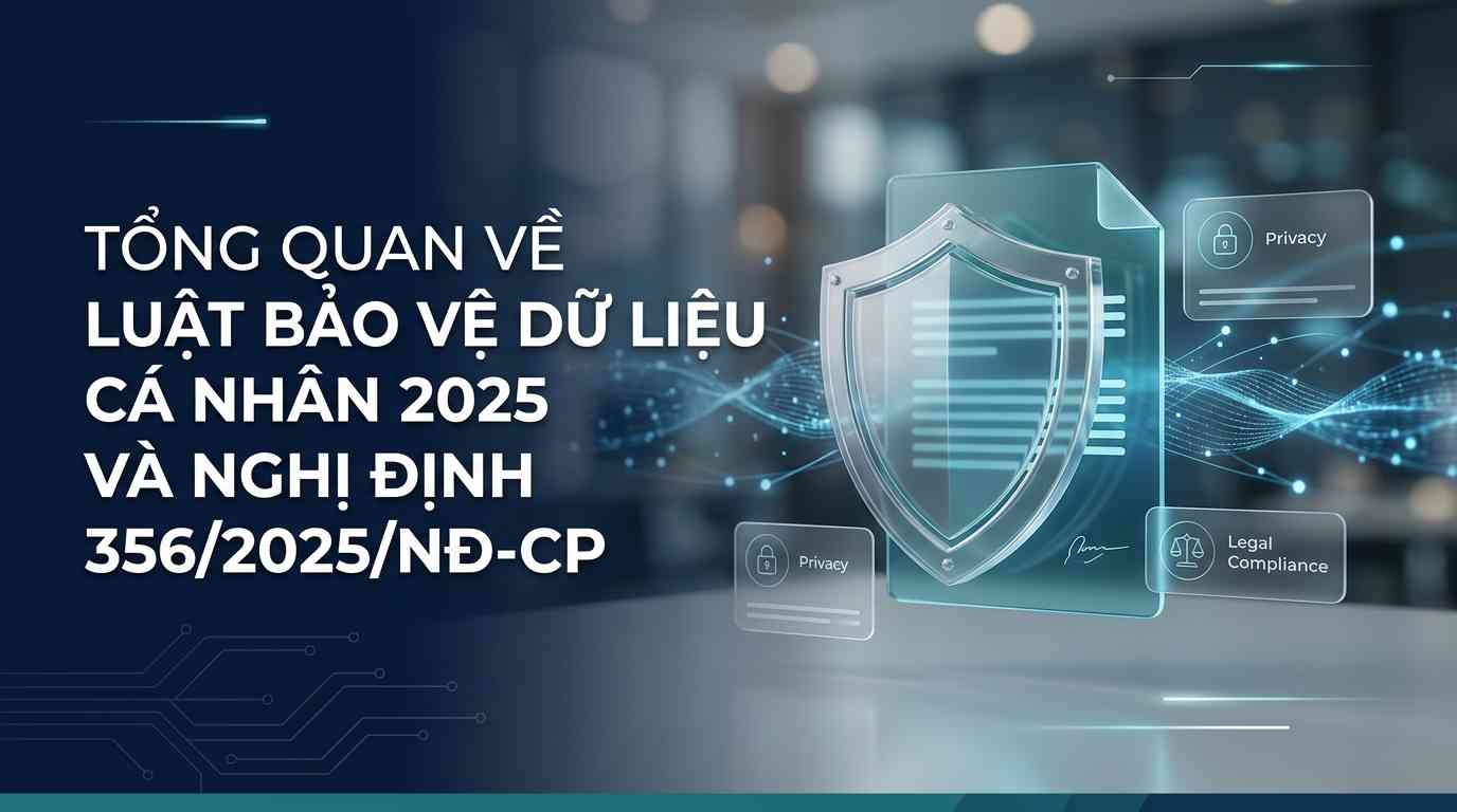 Create a premium Vietnamese editorial article illustration for the topic: "TỔNG QUAN VỀ LUẬT BẢO VỆ DỮ LIỆU CÁ NHÂN 2025 VÀ NGHỊ ĐỊNH 356/2025/NĐ-CP". Layout: Wide horizontal 16:9 aspect ratio, editorial thumbnail style. Background: A minimalist, high-end corporate environment with soft-focus bokeh and subtle, glowing blue digital data streams and network nodes flowing through the air. Main visual: A sophisticated 3D translucent glass shield icon layered over a stylized digital legal document, symbolizing the intersection of law and technology. Headline placement: Left-aligned on the left third of the image, featuring the text "TỔNG QUAN VỀ LUẬT BẢO VỆ DỮ LIỆU CÁ NHÂN 2025 VÀ NGHỊ ĐỊNH 356/2025/NĐ-CP" in a clean, bold, premium sans-serif typography. Info boxes: Two small, elegant floating glassmorphism boxes on the right side with minimalist icons representing "Privacy" and "Legal Compliance". Supporting graphics: Subtle vector circuit patterns and thin light-streak accents to enhance the futuristic feel. Color palette: Deep navy blue, professional teal, silver accents, and crisp white. Mood: Trustworthy, authoritative, modern, and highly secure. Composition rules: Rule of thirds, significant negative space around the headline for readability, sharp focus on the central shield visual, cinematic studio lighting.