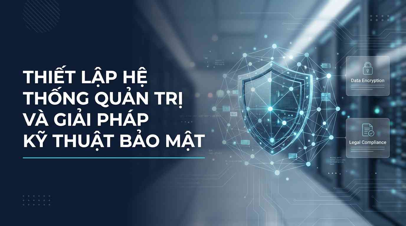 Create a premium Vietnamese editorial article illustration for the topic: "THIẾT LẬP HỆ THỐNG QUẢN TRỊ VÀ GIẢI PHÁP KỸ THUẬT BẢO MẬT"
- Layout/aspect ratio: Wide horizontal 16:9 aspect ratio, clean and balanced editorial composition.
- Background: A minimalist, high-end corporate technology environment featuring a soft-focus digital server room with subtle glowing data streams and a bokeh effect.
- Main visual: A central, sophisticated 3D holographic shield icon integrated with a network of interconnected nodes and glowing data packets, symbolizing a robust security infrastructure and data governance.
- Optional small labels/info boxes: Two subtle, semi-transparent floating info boxes on the right side with minimalist icons representing "Data Encryption" and "Legal Compliance".
- Headline placement and typography: The headline "THIẾT LẬP HỆ THỐNG QUẢN TRỊ VÀ GIẢI PHÁP KỸ THUẬT BẢO MẬT" is left-aligned, using a bold, modern, clean sans-serif font in crisp white.
- Supporting line: A thin, elegant cyan horizontal line positioned directly beneath the headline to anchor the text.
- Subtle vector support graphics: Faint geometric patterns, thin circuit-line overlays, and micro-data particles to enhance the high-tech aesthetic.
- Color palette: Professional deep navy blue, slate grey, and vibrant cyan accents for a trustworthy, secure, and modern feel.
- Overall mood: Secure, authoritative, premium, and technologically advanced.
- Important composition rules: Strict adherence to the rule of thirds, utilizing negative space on the left for the headline, ensuring a clean, uncluttered, and high-quality editorial look suitable for a professional SEO article.
