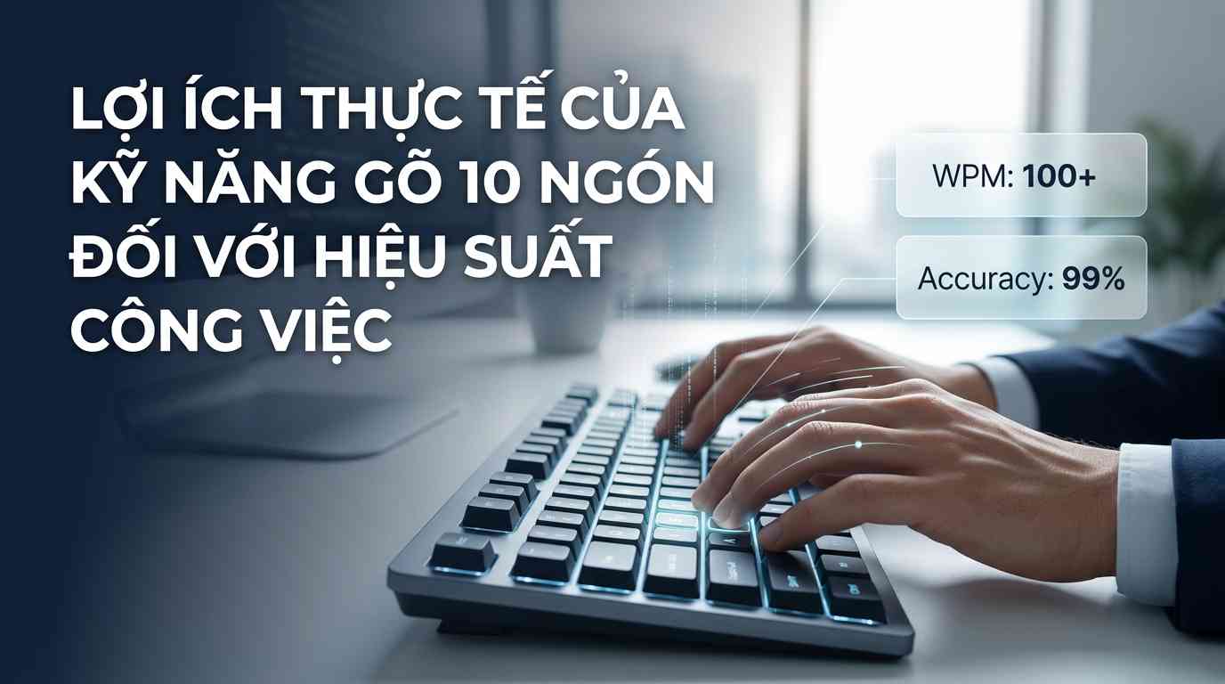 Create a premium Vietnamese editorial article illustration for the topic: "LỢI ÍCH THỰC TẾ CỦA KỸ NĂNG GÕ 10 NGÓN ĐỐI VỚI HIỆU SUẤT CÔNG VIỆC". Layout: 16:9 horizontal editorial inline image. Background: A minimalist, high-end modern workspace with soft-focus depth of field, natural morning light through a window, creating a clean and professional atmosphere. Main Visual: A sharp close-up of a pair of professional hands positioned correctly on the home row of a sleek, backlit mechanical keyboard; subtle glowing highlights on the 'F' and 'J' keys to emphasize tactile markers and muscle memory. Info Boxes: Two small, elegant glassmorphism floating UI cards on the right side showing "WPM: 100+" and "Accuracy: 99%" in clean, minimalist sans-serif font. Headline Placement: Left-aligned in the upper-left third area, using bold, modern white sans-serif typography for the text "LỢI ÍCH THỰC TẾ CỦA KỸ NĂNG GÕ 10 NGÓN ĐỐI VỚI HIỆU SUẤT CÔNG VIỆC". Supporting Graphics: Subtle digital data streams and faint vector motion lines connecting the fingers to the keyboard, symbolizing speed, efficiency, and the flow of thought. Color Palette: Professional navy blue, slate grey, and crisp white, with soft cyan accents for the technological elements. Mood: Trustworthy, highly productive, sophisticated, and technologically advanced. Composition Rules: Rule of thirds with the keyboard in the lower foreground, leading lines pointing towards a blurred monitor in the background, maintaining clean negative space for the headline to ensure readability.
