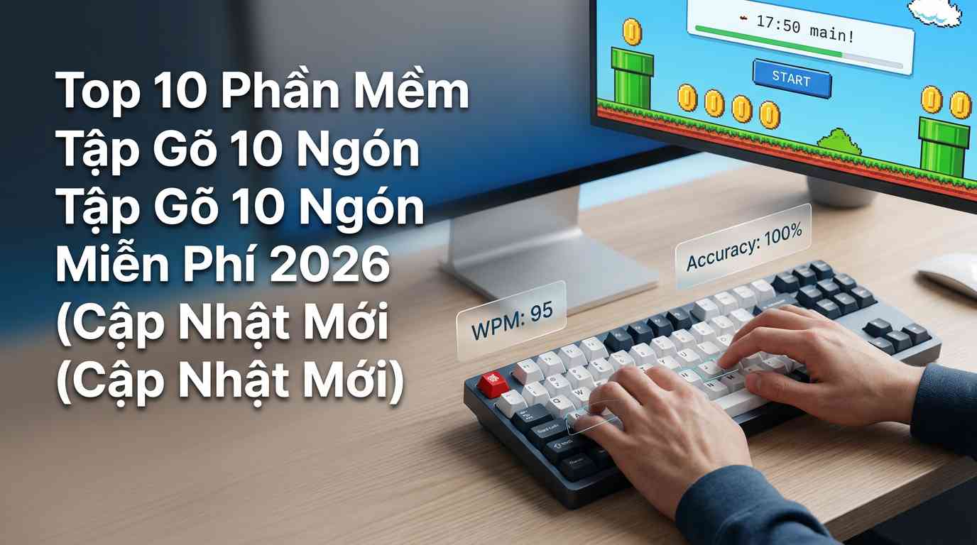 Create a premium Vietnamese editorial article illustration for the topic: "MARIO TEACHES TYPING: PHIÊN BẢN WEB HỒI TƯỞNG CHO TRẺ EM". Layout: 16:9 wide horizontal editorial banner. Background: A minimalist, high-end modern workspace with a soft-focus bokeh effect, featuring a clean wooden desk. Main Visual: A high-angle, close-up shot of a pair of hands positioned perfectly on a premium mechanical keyboard using the 10-finger touch typing technique. In the background, a sleek computer monitor displays a vibrant, modern web interface of a typing game with nostalgic pixel-art elements like green pipes and gold coins, rendered in high-definition. Headline Placement: Left-aligned in the upper-left section using bold, clean, modern sans-serif typography in white with a subtle shadow, reading: "Top 10 Phần Mềm Tập Gõ 10 Ngón Miễn Phí Tốt Nhất 2026 (Cập Nhật Mới)". Info Boxes: Two small, translucent glassmorphism UI boxes floating near the keyboard, one displaying "WPM: 95" and the other "Accuracy: 100%" in a clean digital font. Supporting Graphics: Subtle, thin vector lines highlighting the home row keys F and J to emphasize correct finger positioning. Color Palette: A sophisticated blend of tech blue, minimalist white, and charcoal grey, with vibrant accents of classic red and gold. Mood: Professional, trustworthy, nostalgic, and highly educational. Composition Rules: Rule of thirds with the hands and keyboard as the focal point on the right, balanced by the headline on the left, ensuring plenty of clean negative space for a premium editorial feel, 8k resolution, photorealistic textures, cinematic studio lighting.